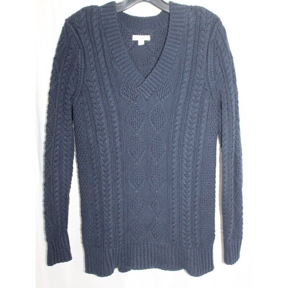 LL Bean Signature Womens‎ Dark Blue Cable Knit Chunky Cotton V Neck Sweater XS - Picture 1 of 6
